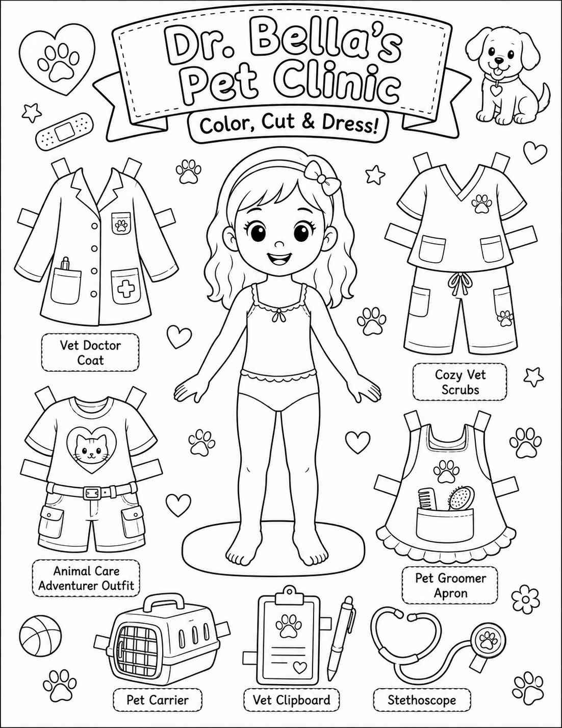 Dr. Bella's Pet Clinic — Uncolored Line Art
